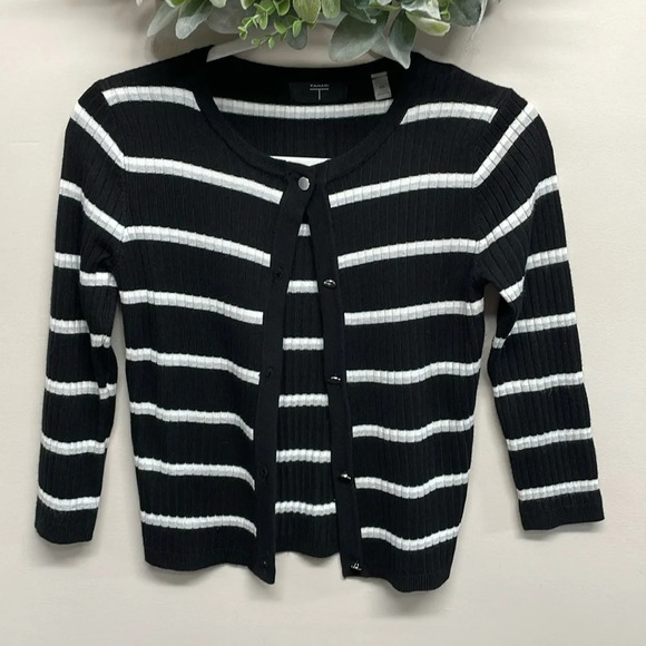 T Tahari 3/4 Sleeve Button Front Cardigan Ribbed Striped XS - Picture 1 of 16